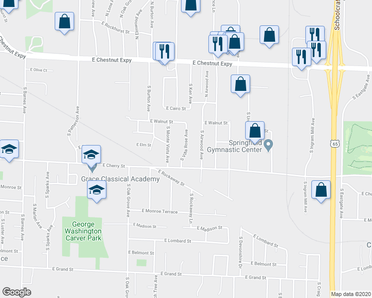 map of restaurants, bars, coffee shops, grocery stores, and more near 511 South Villa Rose Avenue in Springfield