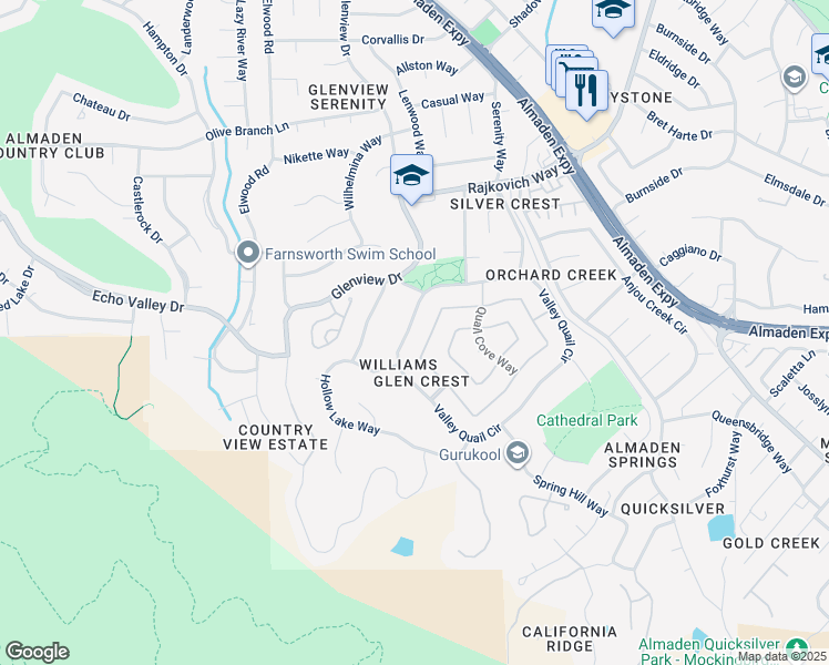 map of restaurants, bars, coffee shops, grocery stores, and more near 1203 Valley Quail Circle in San Jose