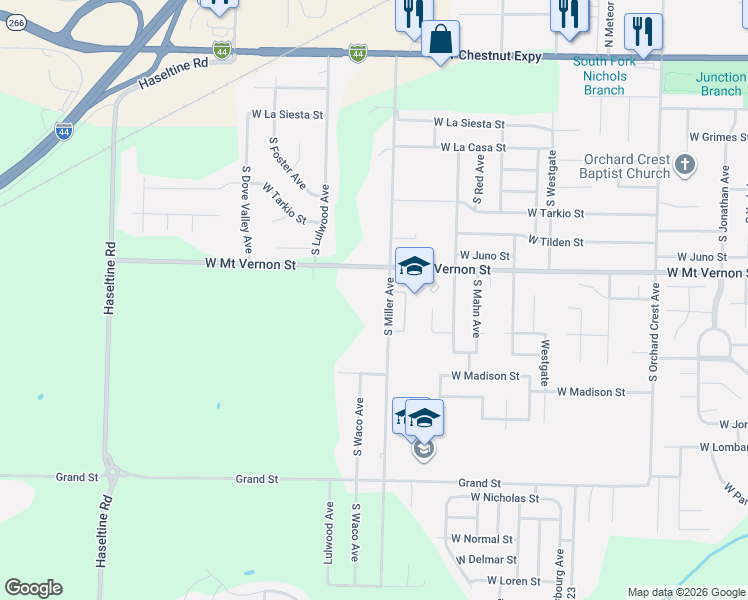 map of restaurants, bars, coffee shops, grocery stores, and more near 621 South Miller Avenue in Springfield