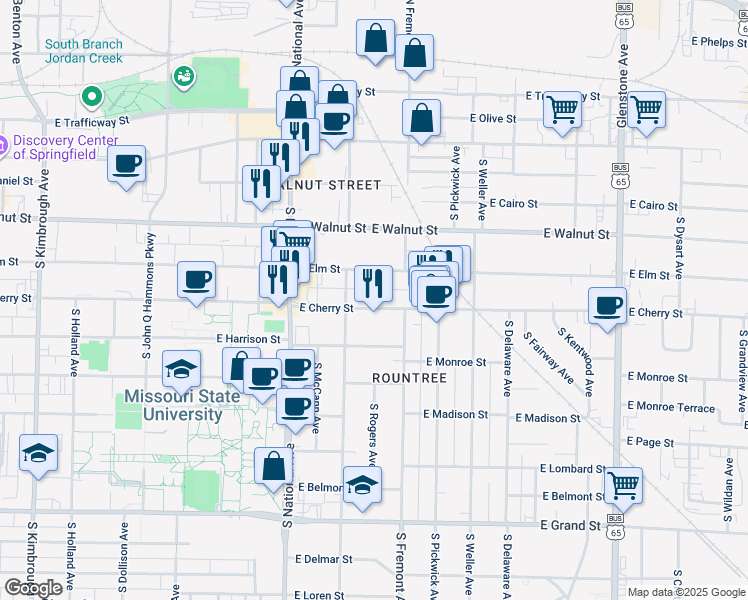map of restaurants, bars, coffee shops, grocery stores, and more near 1329 East Cherry Street in Springfield