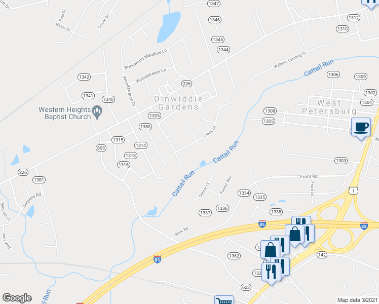 map of restaurants, bars, coffee shops, grocery stores, and more near 24811 Creek Lane in Petersburg