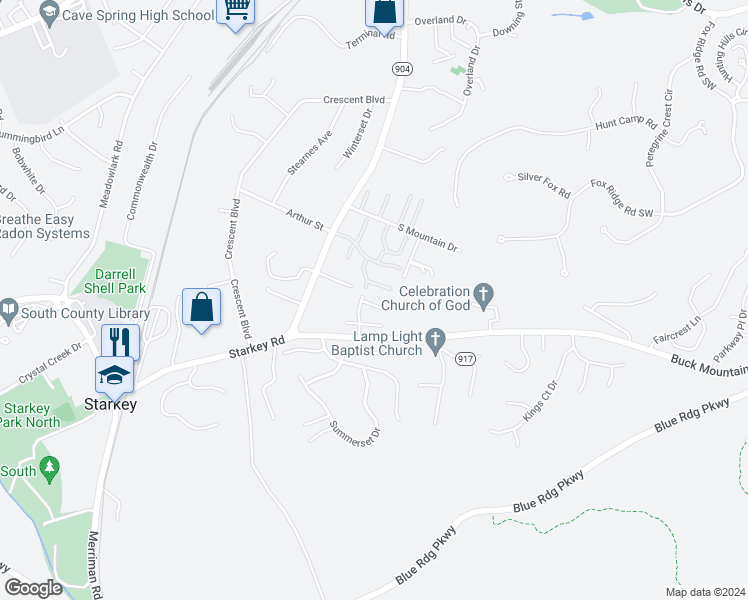 map of restaurants, bars, coffee shops, grocery stores, and more near 7317 Maple Court Southwest in Cave Spring