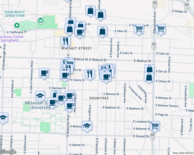 map of restaurants, bars, coffee shops, grocery stores, and more near 1356 East Elm Street in Springfield