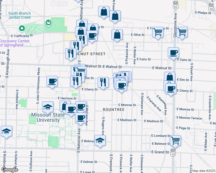 map of restaurants, bars, coffee shops, grocery stores, and more near 1356 East Elm Street in Springfield