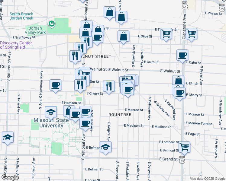 map of restaurants, bars, coffee shops, grocery stores, and more near 1356 East Elm Street in Springfield