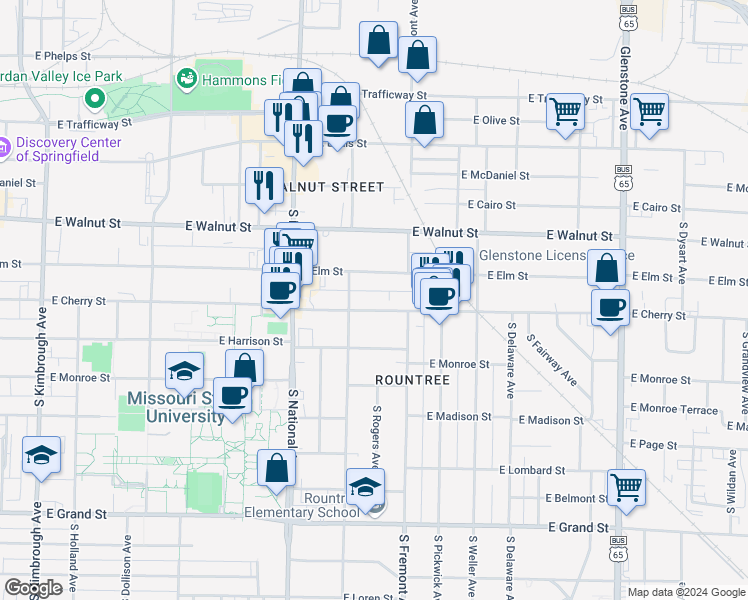 map of restaurants, bars, coffee shops, grocery stores, and more near 1302 East Elm Street in Springfield