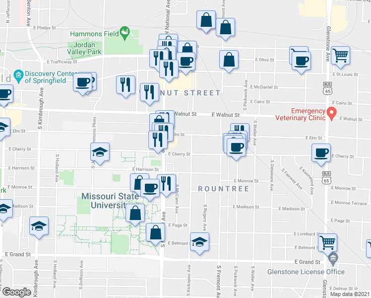map of restaurants, bars, coffee shops, grocery stores, and more near 1244 East Elm Street in Springfield