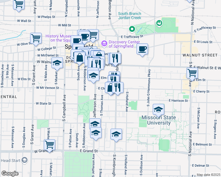 map of restaurants, bars, coffee shops, grocery stores, and more near 507 East Cherry Street in Springfield