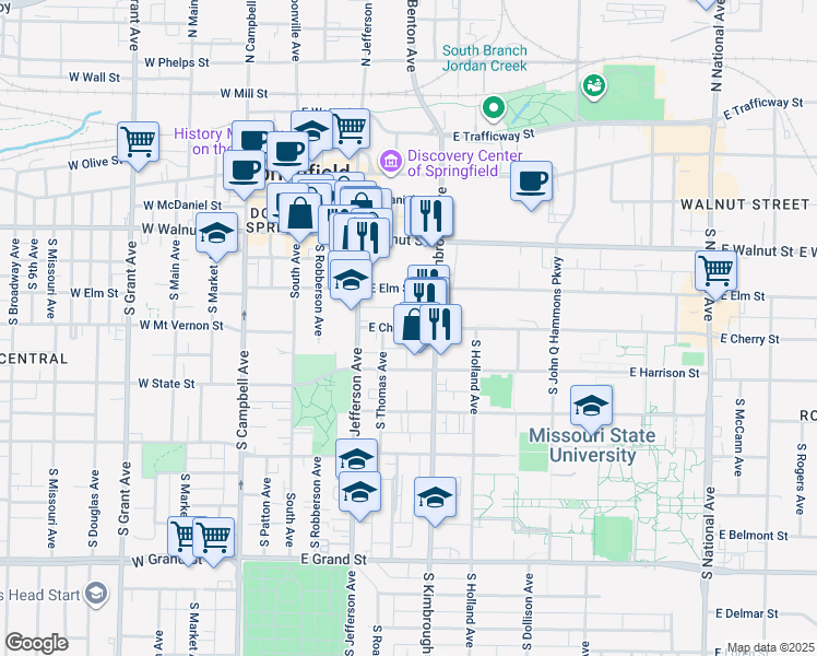 map of restaurants, bars, coffee shops, grocery stores, and more near 507 East Cherry Street in Springfield