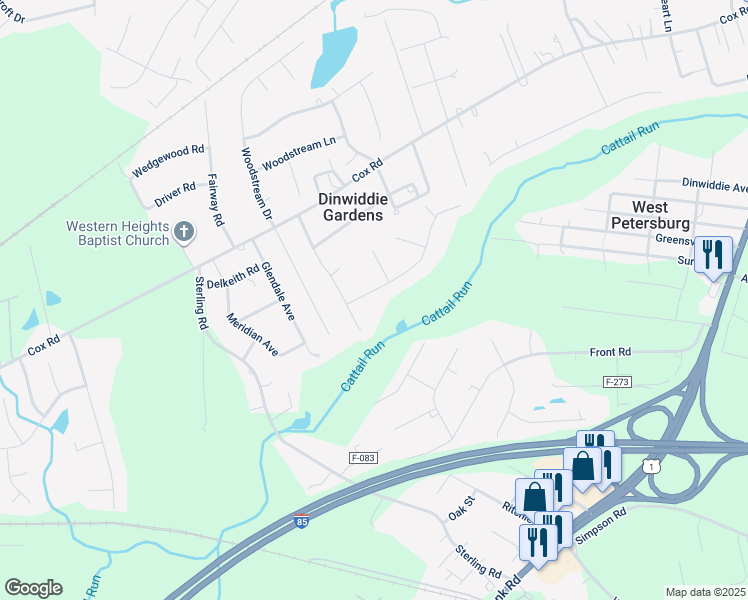 map of restaurants, bars, coffee shops, grocery stores, and more near 24811 Creek Lane in Petersburg