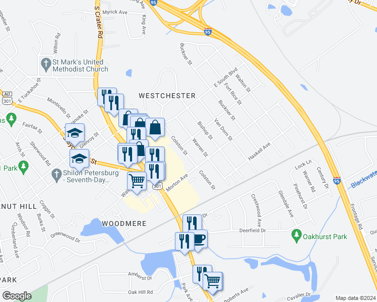 map of restaurants, bars, coffee shops, grocery stores, and more near 2117 Colston Street in Petersburg