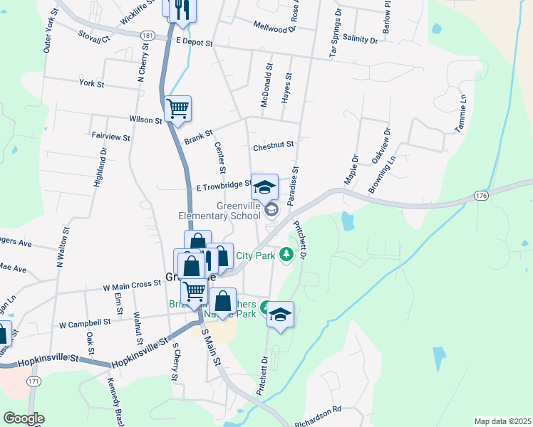 map of restaurants, bars, coffee shops, grocery stores, and more near 201 East Main Cross Street in Greenville