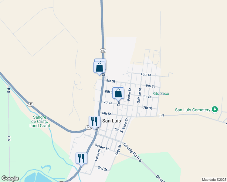 map of restaurants, bars, coffee shops, grocery stores, and more near 807 Costilla Street in San Luis