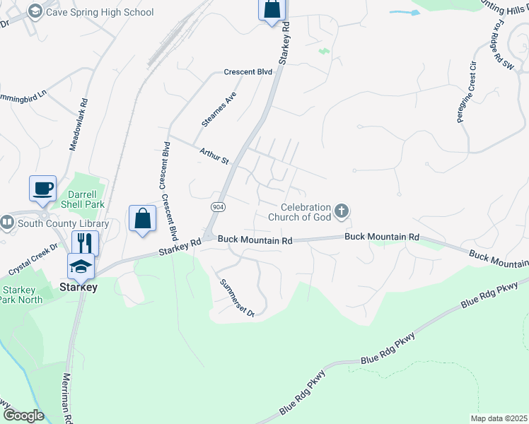 map of restaurants, bars, coffee shops, grocery stores, and more near 7317 Maple Court Southwest in Cave Spring