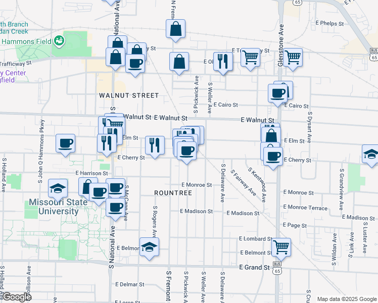 map of restaurants, bars, coffee shops, grocery stores, and more near 1426 East Elm Street in Springfield