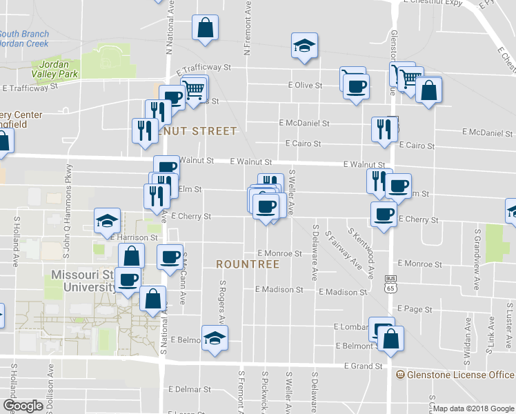 map of restaurants, bars, coffee shops, grocery stores, and more near 1425 East Cherry Street in Springfield