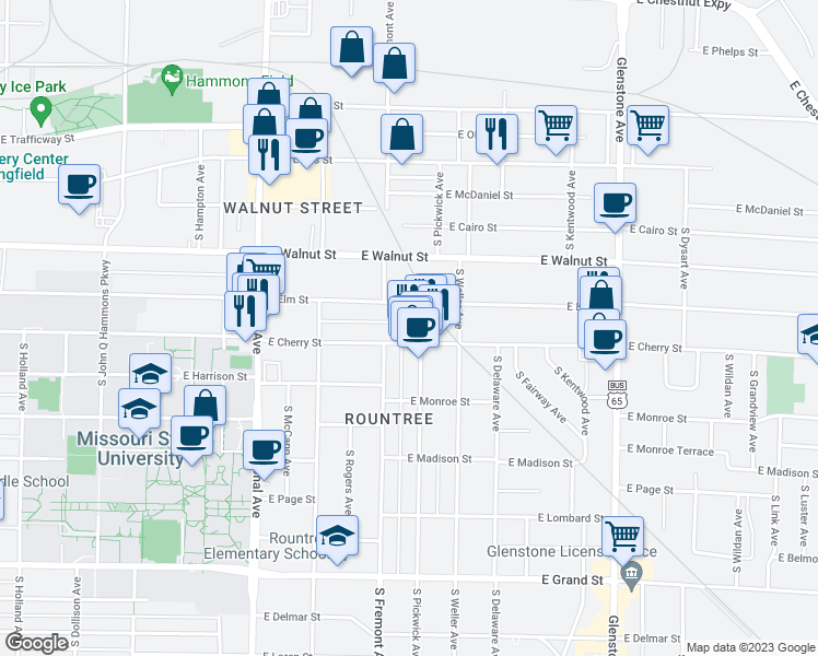 map of restaurants, bars, coffee shops, grocery stores, and more near 527 South Pickwick Avenue in Springfield