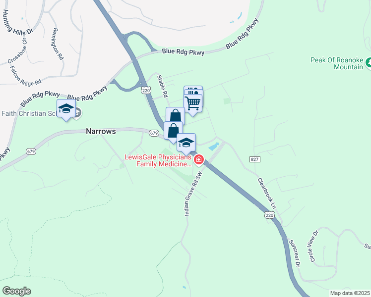 map of restaurants, bars, coffee shops, grocery stores, and more near 5205 Franklin Road Southwest in Roanoke