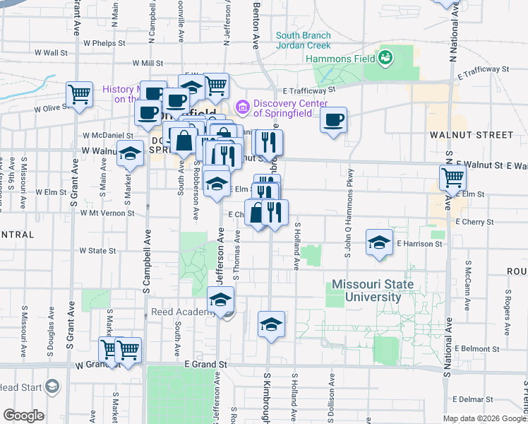 map of restaurants, bars, coffee shops, grocery stores, and more near 507 East Cherry Street in Springfield