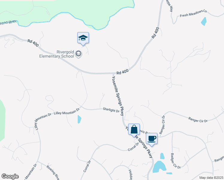map of restaurants, bars, coffee shops, grocery stores, and more near 31388 Yosemite Springs Parkway in Coarsegold