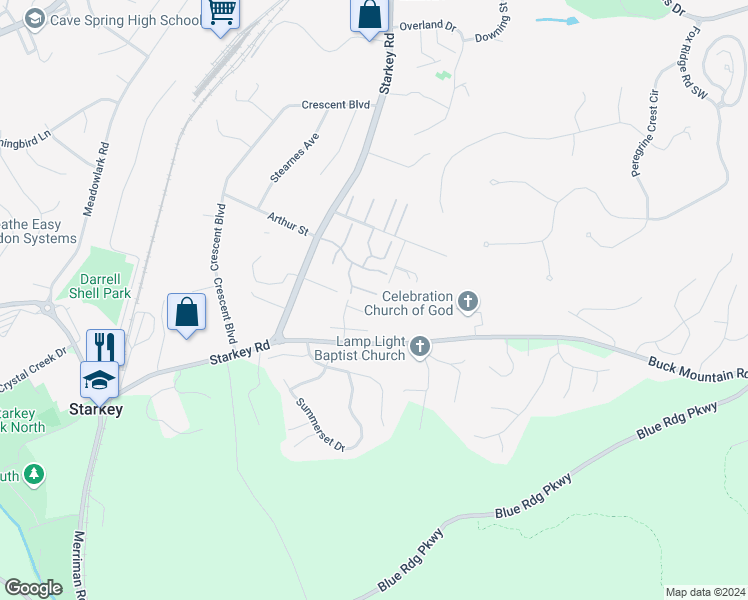 map of restaurants, bars, coffee shops, grocery stores, and more near 7341 Maple Court Southwest in Cave Spring