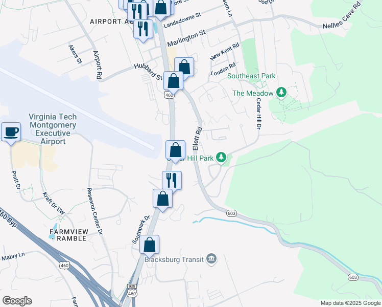 map of restaurants, bars, coffee shops, grocery stores, and more near 500 Ellett Road in Blacksburg