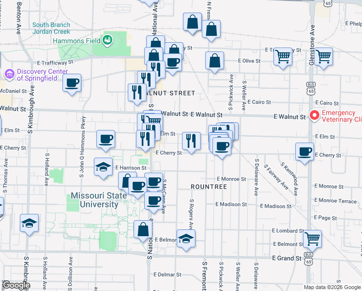 map of restaurants, bars, coffee shops, grocery stores, and more near 540 South Kickapoo Avenue in Springfield