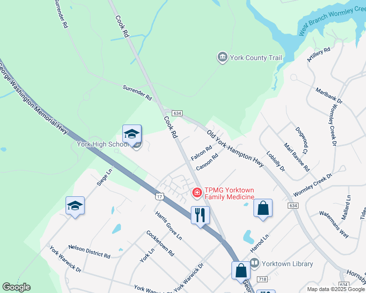 map of restaurants, bars, coffee shops, grocery stores, and more near 424 Cook Road in Yorktown