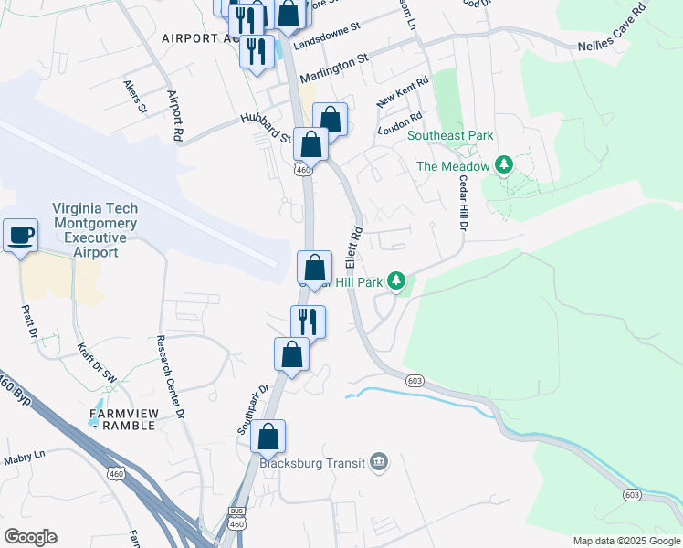 map of restaurants, bars, coffee shops, grocery stores, and more near 500 Ellett Road in Blacksburg