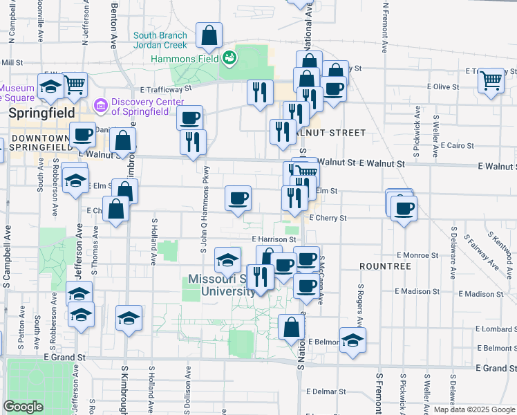 map of restaurants, bars, coffee shops, grocery stores, and more near 1043 East Cherry Street in Springfield