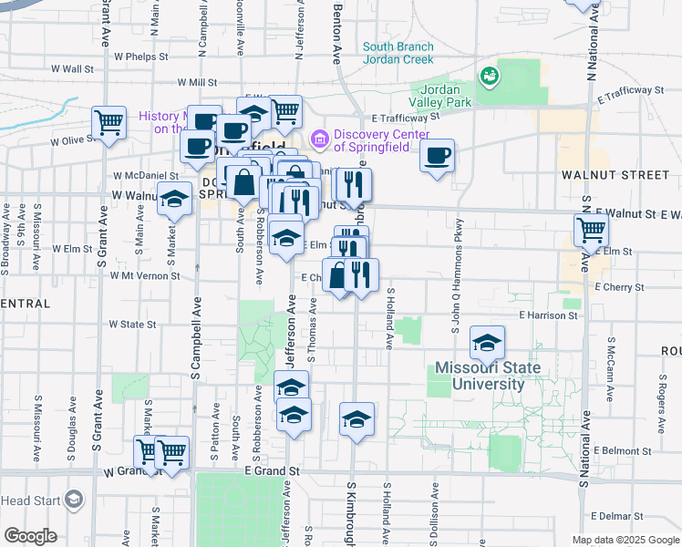 map of restaurants, bars, coffee shops, grocery stores, and more near 507 East Cherry Street in Springfield