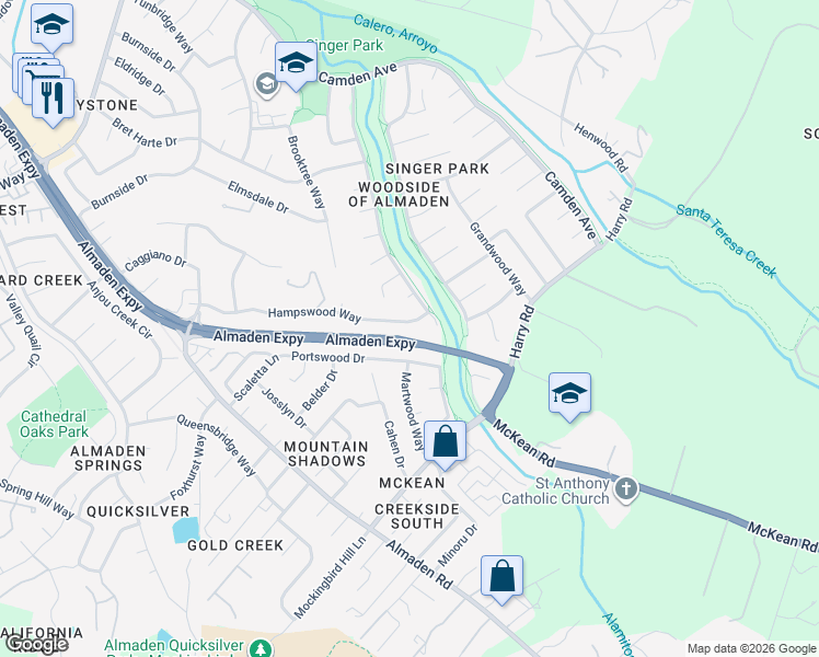 map of restaurants, bars, coffee shops, grocery stores, and more near 864 Hampswood Way in San Jose
