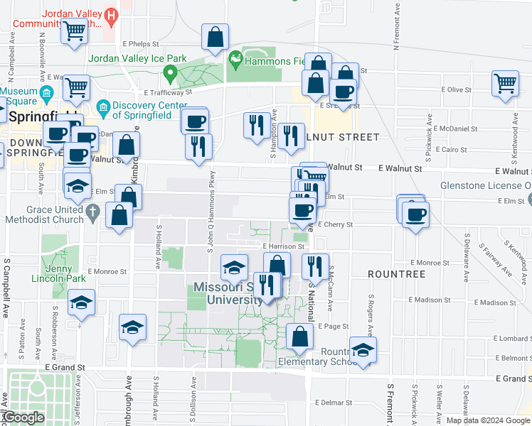 map of restaurants, bars, coffee shops, grocery stores, and more near 1043 East Cherry Street in Springfield