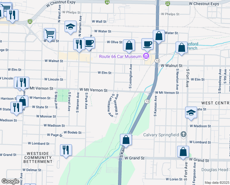 map of restaurants, bars, coffee shops, grocery stores, and more near 609 South Wabash Avenue in Springfield