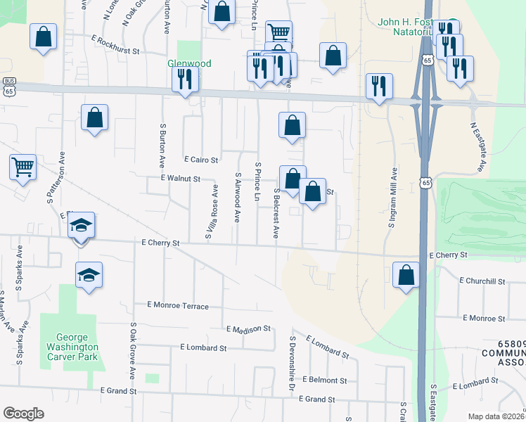 map of restaurants, bars, coffee shops, grocery stores, and more near 443 South Belcrest Avenue in Springfield