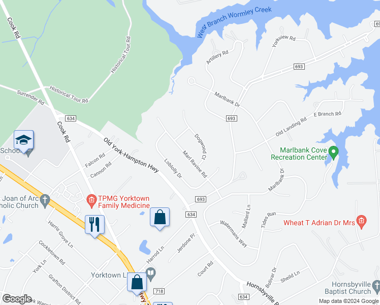 map of restaurants, bars, coffee shops, grocery stores, and more near 205 Marl Ravine Road in Yorktown