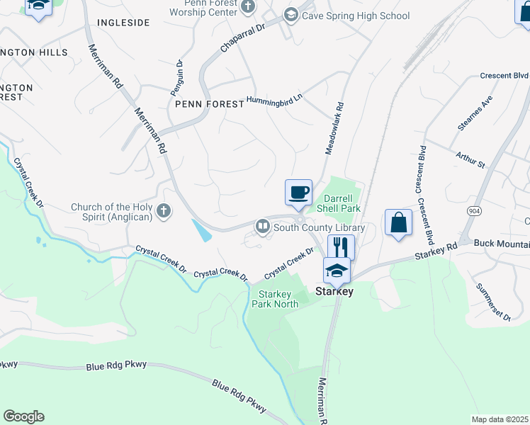 map of restaurants, bars, coffee shops, grocery stores, and more near 6218 Merriman Road in Cave Spring