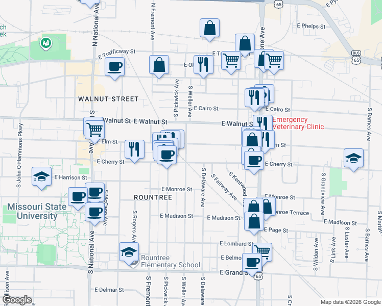 map of restaurants, bars, coffee shops, grocery stores, and more near 1528 East Elm Street in Springfield