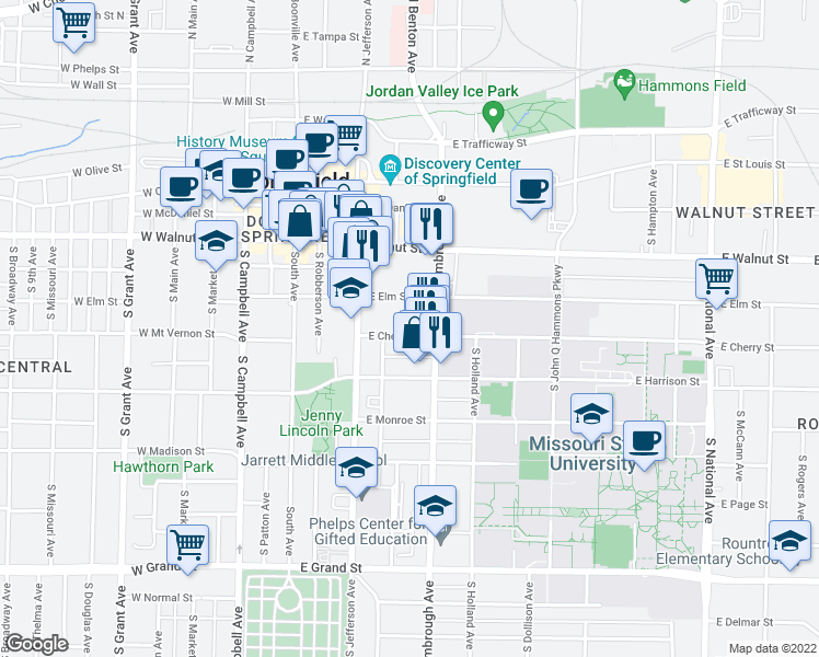 map of restaurants, bars, coffee shops, grocery stores, and more near 511 East Cherry Street in Springfield