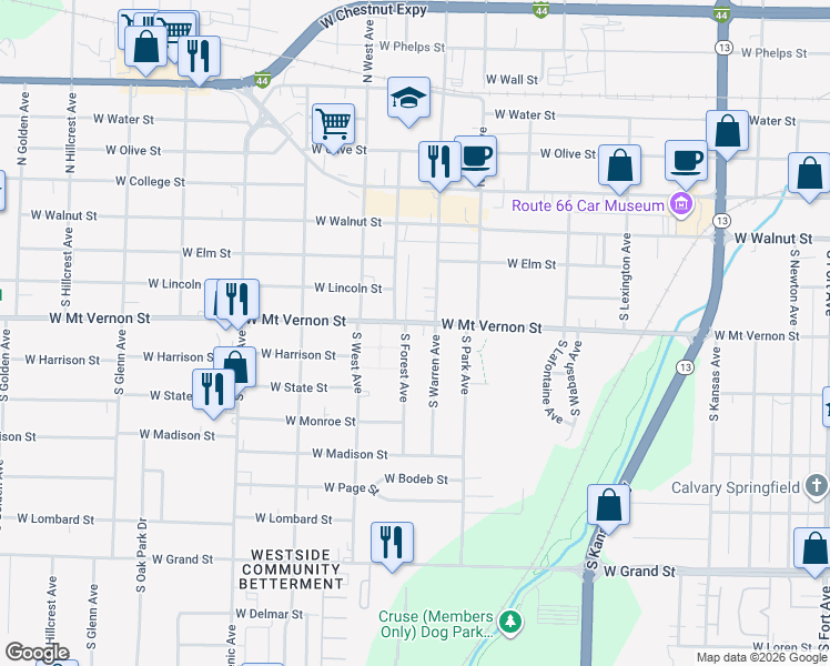 map of restaurants, bars, coffee shops, grocery stores, and more near 2318 West Mount Vernon Street in Springfield
