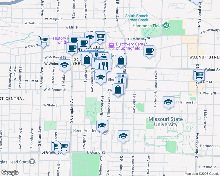 map of restaurants, bars, coffee shops, grocery stores, and more near 530 South Jefferson Avenue in Springfield