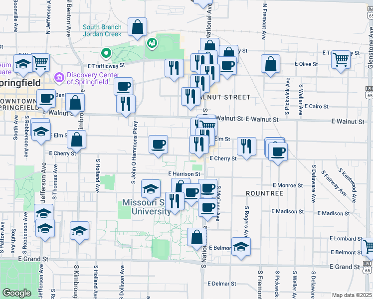 map of restaurants, bars, coffee shops, grocery stores, and more near 523 South Florence Avenue in Springfield