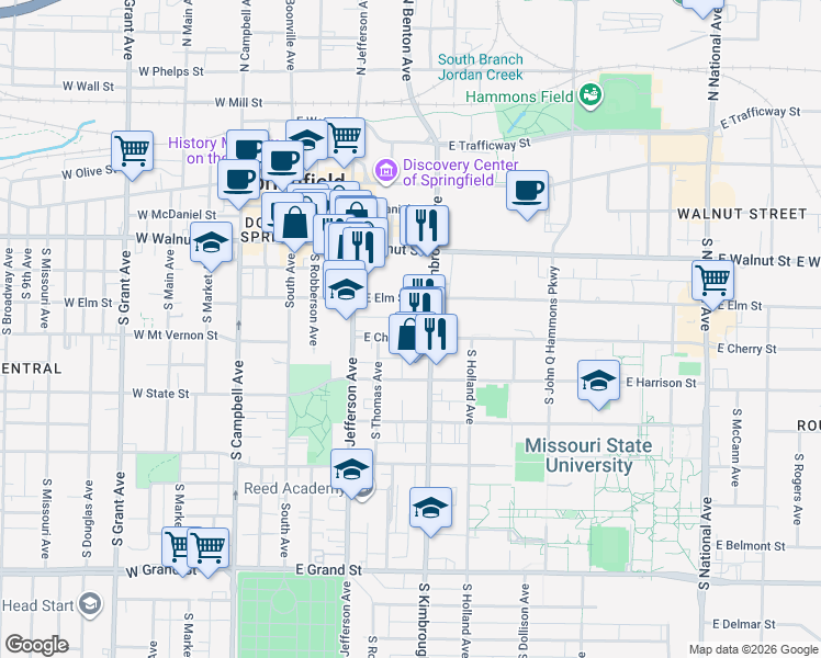 map of restaurants, bars, coffee shops, grocery stores, and more near 507 East Cherry Street in Springfield
