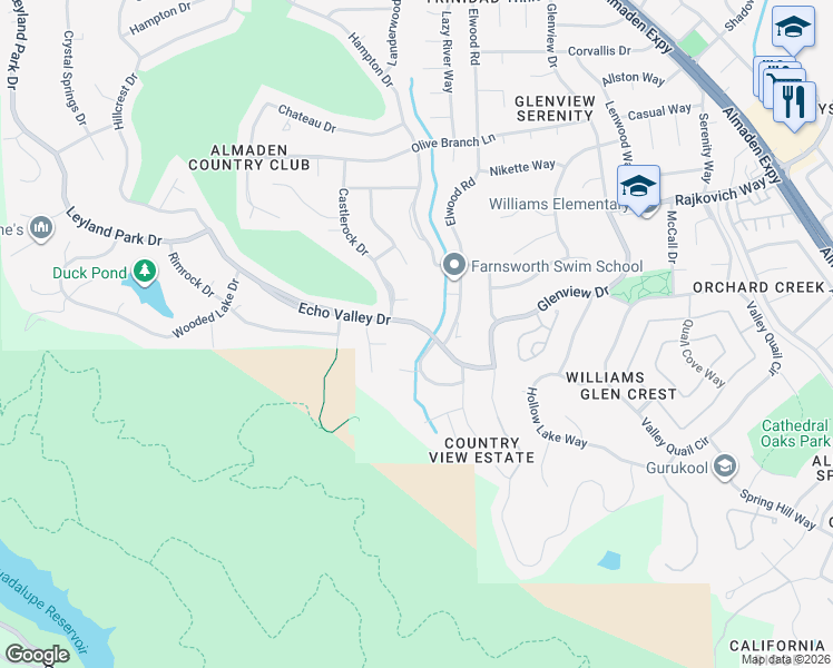 map of restaurants, bars, coffee shops, grocery stores, and more near 1268 Echo Valley Drive in San Jose