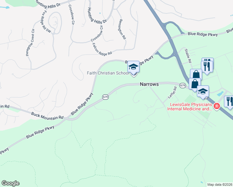 map of restaurants, bars, coffee shops, grocery stores, and more near 3780 Buck Mountain Road in Roanoke