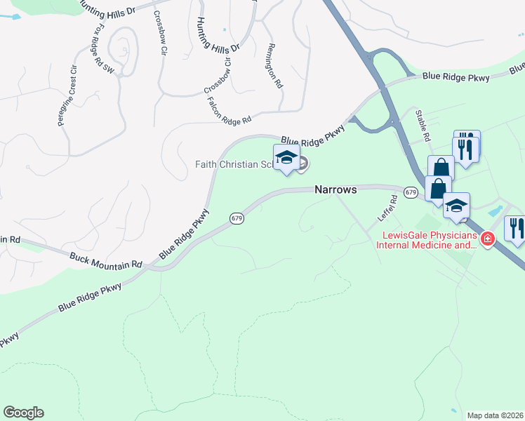 map of restaurants, bars, coffee shops, grocery stores, and more near 3780 Buck Mountain Road in Roanoke