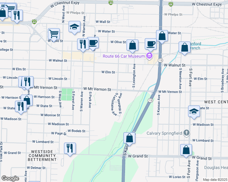 map of restaurants, bars, coffee shops, grocery stores, and more near 609 South Wabash Avenue in Springfield