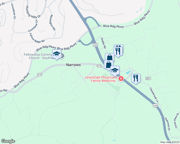 map of restaurants, bars, coffee shops, grocery stores, and more near 3537 Leffel Road in Roanoke