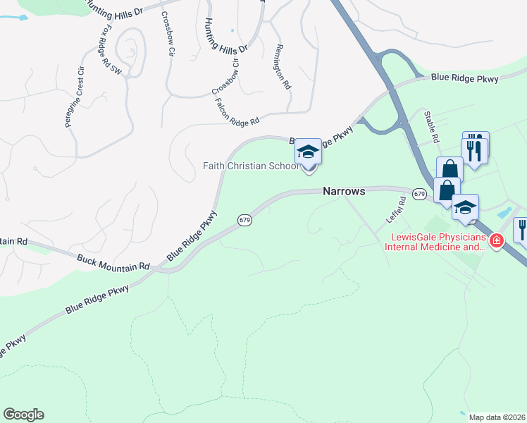 map of restaurants, bars, coffee shops, grocery stores, and more near 3780 Buck Mountain Road in Roanoke