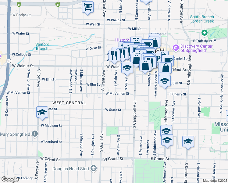 map of restaurants, bars, coffee shops, grocery stores, and more near 603 West Mount Vernon Street in Springfield